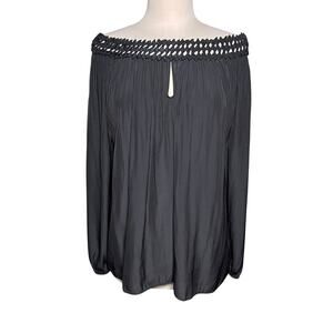 RAMY BROOK Women’s Boho Black Macrame Trim Wideneck Satin Blouse